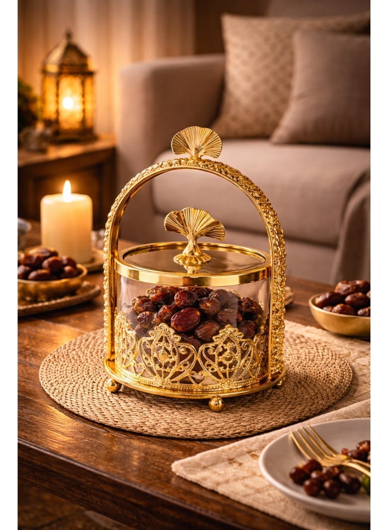 أولودينيز  علبة تخزين لرمضان زجاجية فاخرة بيد مزخرفة – حافظة ذهبية للحلويات أو التمر بغطاء ورقة الجنكو، مثالية للمناسبات - Image 4